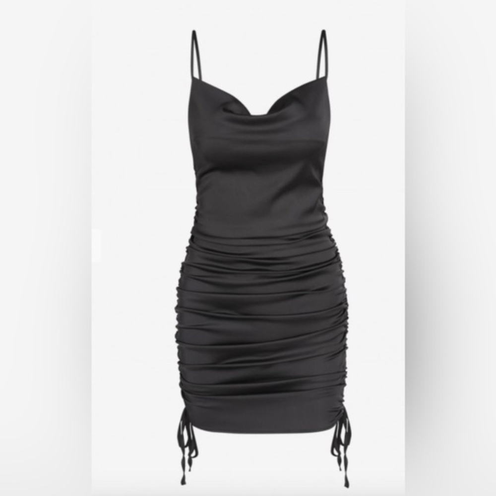 NWT! ZAFUL Satin Cinched Cowl Front Mini Dress - Black 4